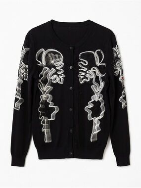 Black Cardigan with White Abstract Stitching